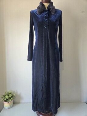 Giovanni Italy Navy Velvet Long Opera Jacket with Black Faux Fur Collar